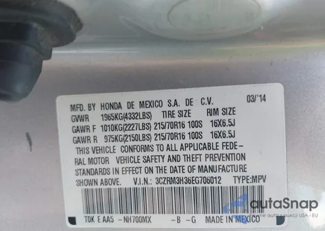 2014 Honda Cr-V Lx from USA, damaged, VIN 3CZRM3H36EG706012